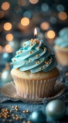 cupcake with candle on light background,