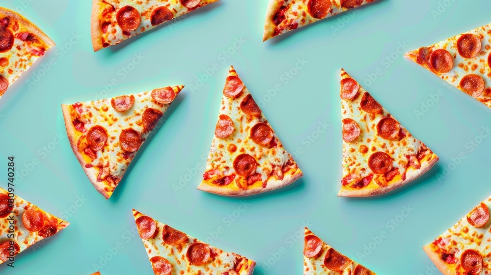 Poster spirited layout of rotating pizza slices in a spirited pattern