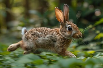 Fototapeta premium A dynamic image of a wild rabbit in motion as it runs through lush green foliage in a natural setting