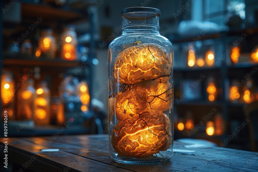 Poster a visually striking image capturing a brain in a jar illuminating from within against a blurry backg