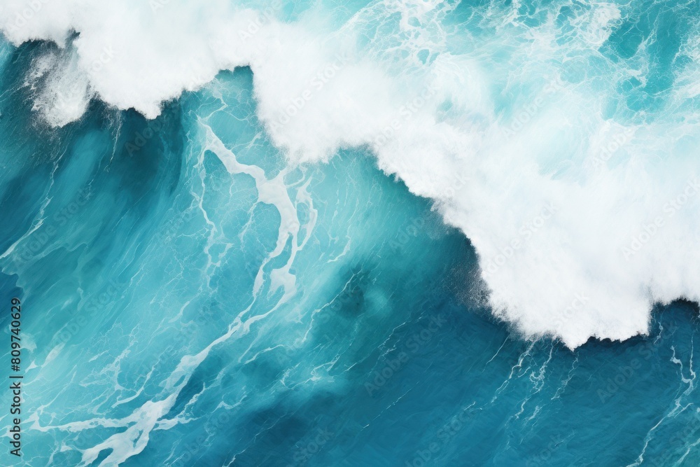 Poster top view of turquoise ocean waters with white foam waves creating a dynamic texture