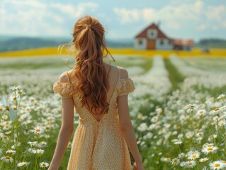 A woman in a summer dress runs through a field of daisies, laughing.