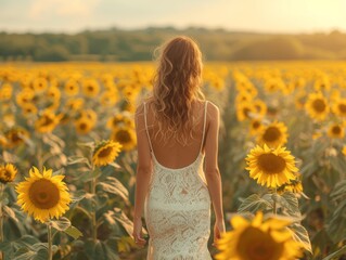 A woman in a summer white dress runs through a field of sunflowers