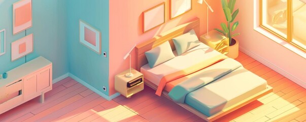 Create a 3D isometric bedroom