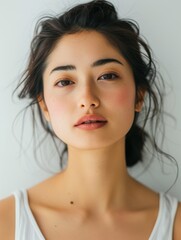 Fototapeta premium Young woman with a fresh face and minimal makeup, exuding natural beauty.
