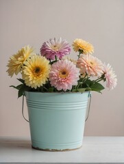 Pastel Flower Bouquet in Mint Metal Bucket