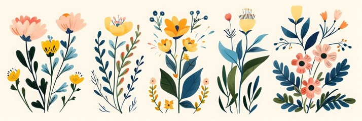 Fototapeta premium Flower collection with leaves, floral bouquets. Vector flowers. Spring art print with botanical elements. Happy Easter. Folk style. Posters for the spring holiday. icons isolated on white background