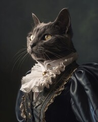 Black and white cat with a graceful look, dressed in a detailed Victorian dress, framed by dark floral ornament