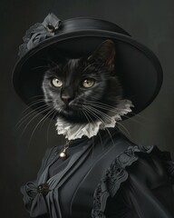Cat as a Victorian lady in black and white
