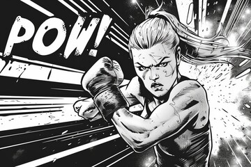 High-contrast black and white drawing of a female boxer