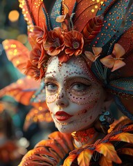 A vibrant character in fantastical makeup and costume, standing in a digital 3D world of wonders