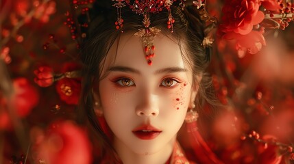 A young woman embodying the elegance of a Chinese fairy tale during the New Year Festival Vivid reds