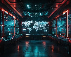 Dark tech room lit only by a live global network map, illustrating the pulse of worldwide digital connections