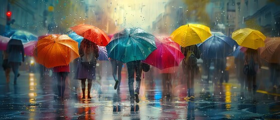 Rainsoaked street with joyful individuals using colorful umbrellas, finding beauty in the downpour
