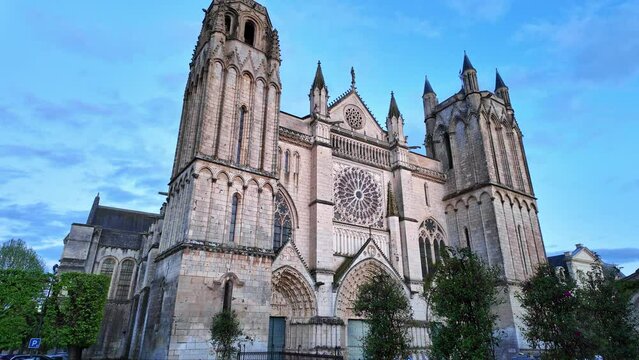 Cathedral of Saint Peter or Pierre in Poitiers city, France. First-person walking view