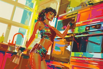 A stylish depiction of a woman in a lively, colorful setting playfully cleaning the kitchen mixes everyday life with art.