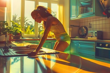 A warm, inviting image of a woman washing dishes in bright sunlight highlights domestic beauty and everyday aesthetics.