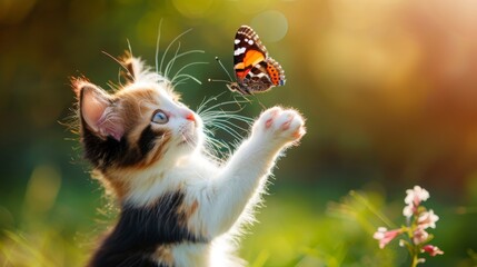Kitten plays with a colorful butterfly