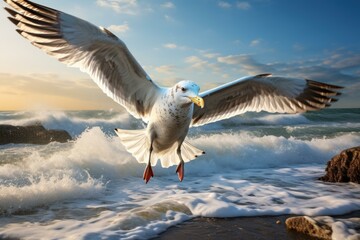 Seagull with outstretched wings glides gracefully above the crashing waves during a vibrant sunset