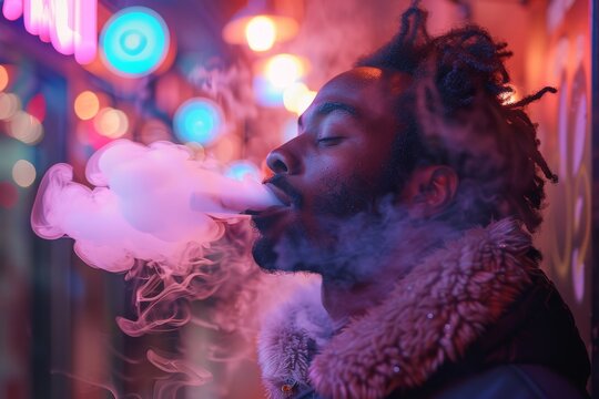 A street artist with dreadlocks caught in the act of creating public art under neon lights