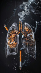 Lungs under attack from cigarette smoke.