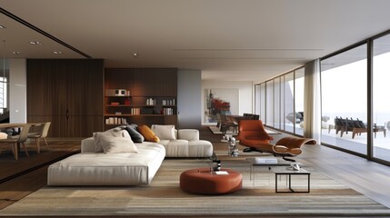A large living room with a white couch and a red ottoman. The room has a modern and elegant feel, with a large window that lets in natural light