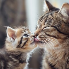 Mother cat grooms her young kitten