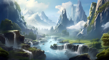 A fantasy landscape with towering mountains, waterfalls cascading down into crystal clear streams,...