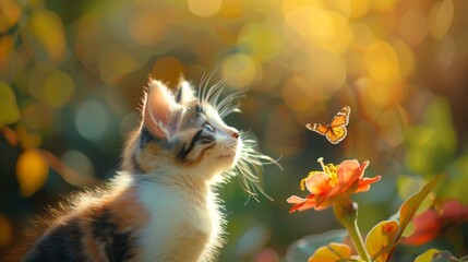 Kitten plays with a colorful butterfly