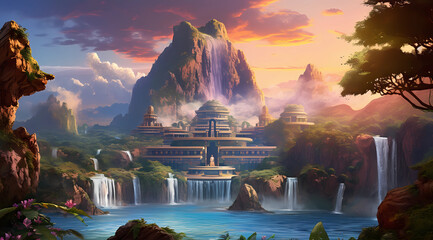 A majestic temple nestled amidst the lush mountains, surrounded by cascading waterfalls and serene blue waters - Powered by Adobe
