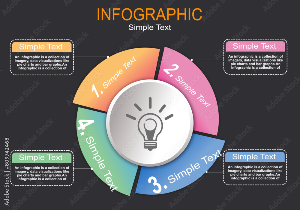 Poster infographic vector round shape with 4 leaflets with text boxes for explanatory details, modern style
