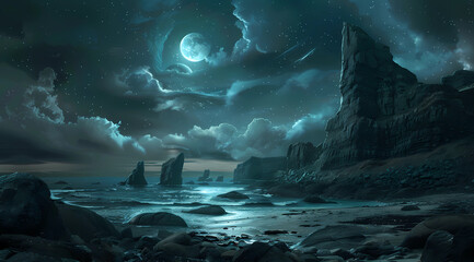 A dark fantasy landscape of an alien beach with rocks and cliffs, under the moonlight