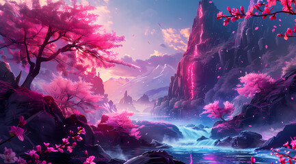 A beautiful fantasy landscape with cherry blossoms in pink and purple colors, mountains in the...