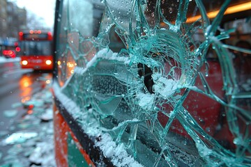 Detailed image of a broken bus window with shattered glass pieces, reflecting city lights and a blurry bus in the background