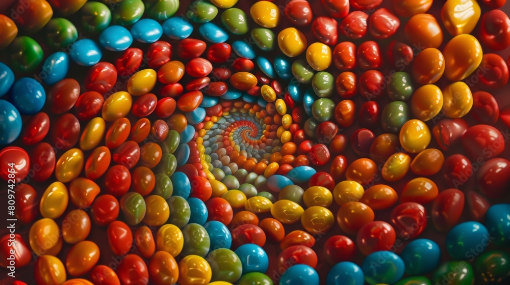Poster whirling layout of rotating candies forming a whirlwind pattern