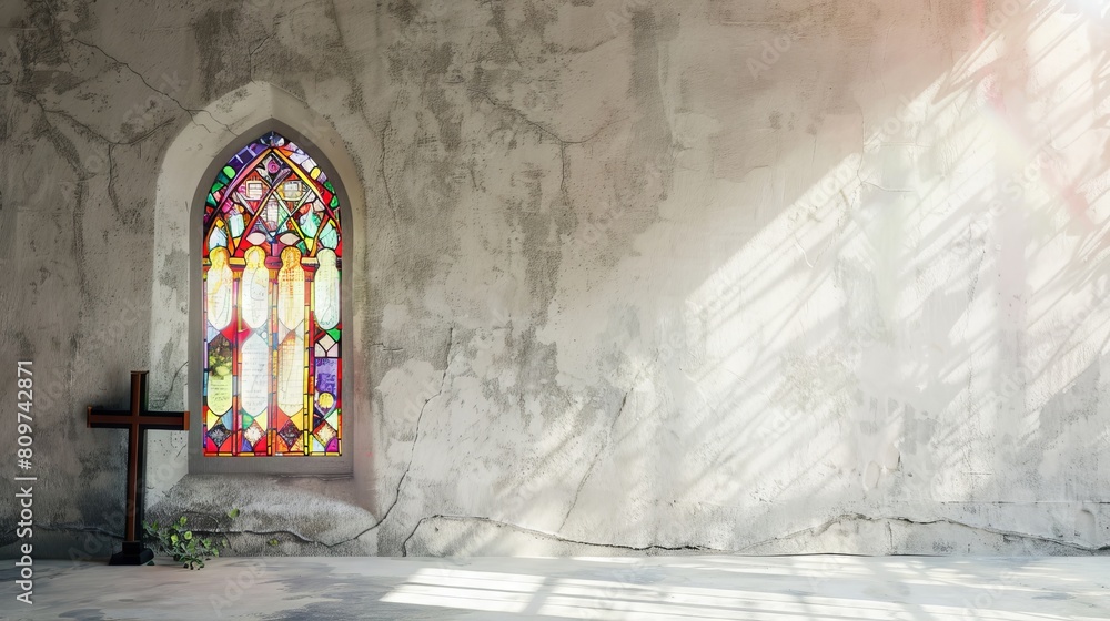 Poster a stained glass window with a cross in it sits in front of a wall. the window is open, and the sunli