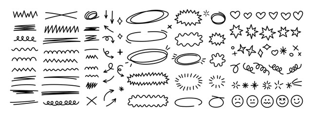 Scribble doodle line shapes set. Hand drawn design elements collection. Black brush strokes bundle.