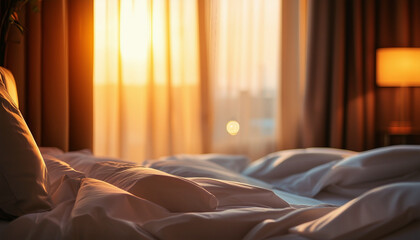 a comfortable hotel bed with crisp white sheets and bright lights coming through the window
