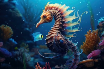 Vibrant illustration of a seahorse with exquisite details among a colorful coral reef