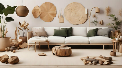 A stylish interior featuring a neutral-toned couch with green cushions, complemented by large, unique wooden wall art