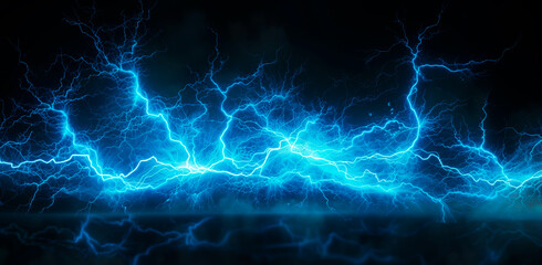 Intense blue electrical lightning bolts on a dark background, depicting a powerful electrical surge.