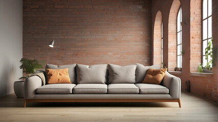 A trendy loft-style apartment featuring a comfy couch with orange pillows against an exposed brick wall, and large arched windows