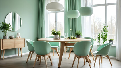 Fototapeta premium Spacious dining area featuring mint green chairs and large windows letting in plenty of natural light