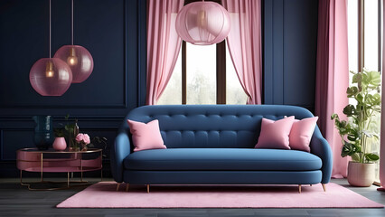 A vibrant interior design featuring a luxurious navy blue sofa contrasting with pink walls and...
