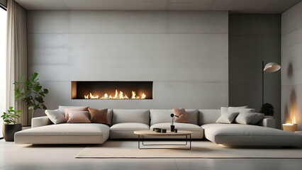 A sleek living room showcasing a modern fireplace and a neutral color palette for a calming atmosphere