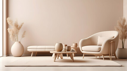 A minimalist beige living room displaying a modern couch, tables, and decor items, with a...