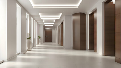 A long, bright, modern hallway featuring soft overhead lighting and sleek wooden accents