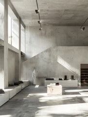 Minimalist Concrete Warehouse Interior Showcasing Merchandise in Japanese Design Inspired Simplicity