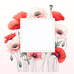 Botanical illustration of red poppies with a blank white central frame