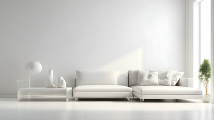 An impeccably designed interior with a chic L-shaped sofa, enveloped in a serene white color palette